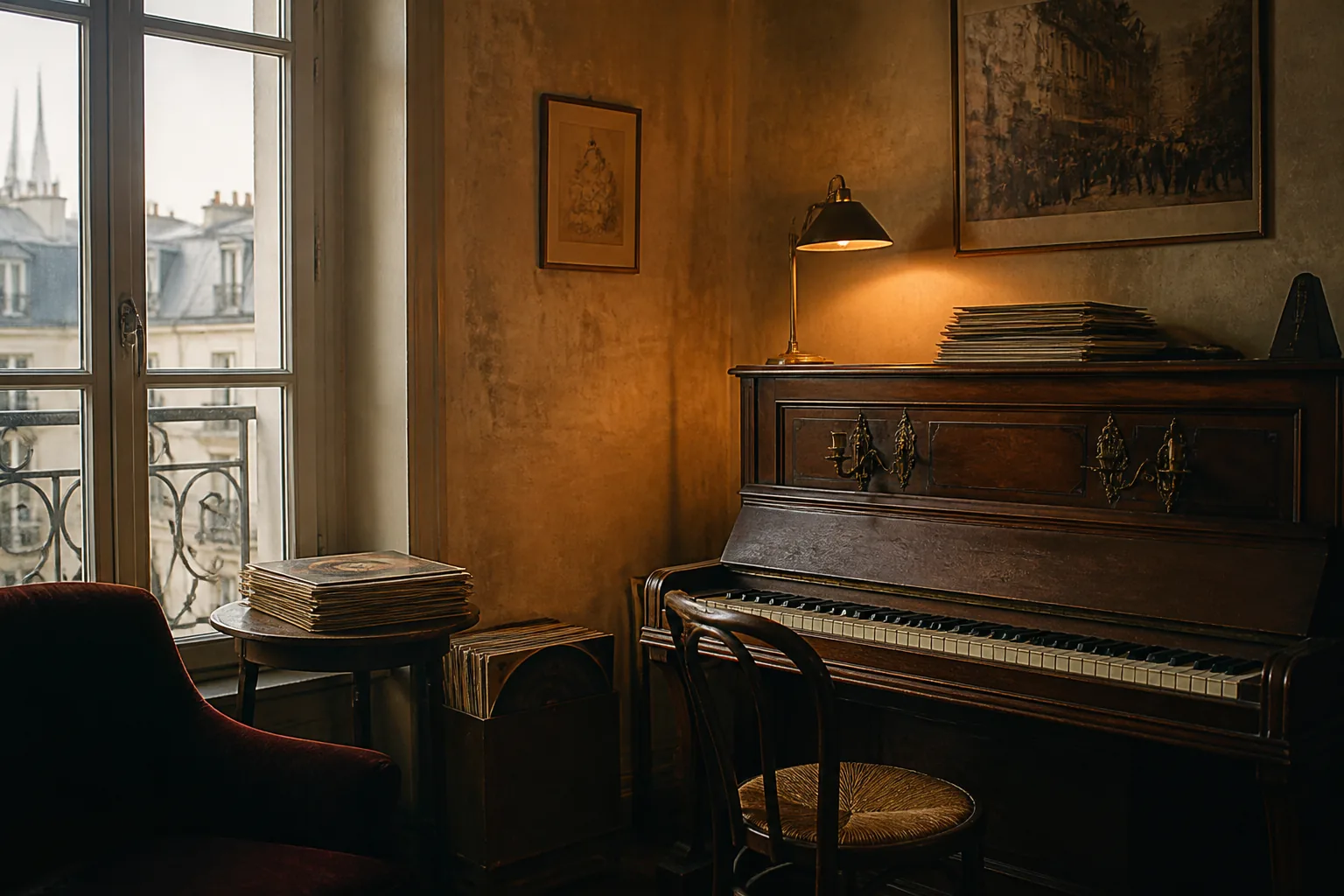 Piano and records in a Montmartre interior