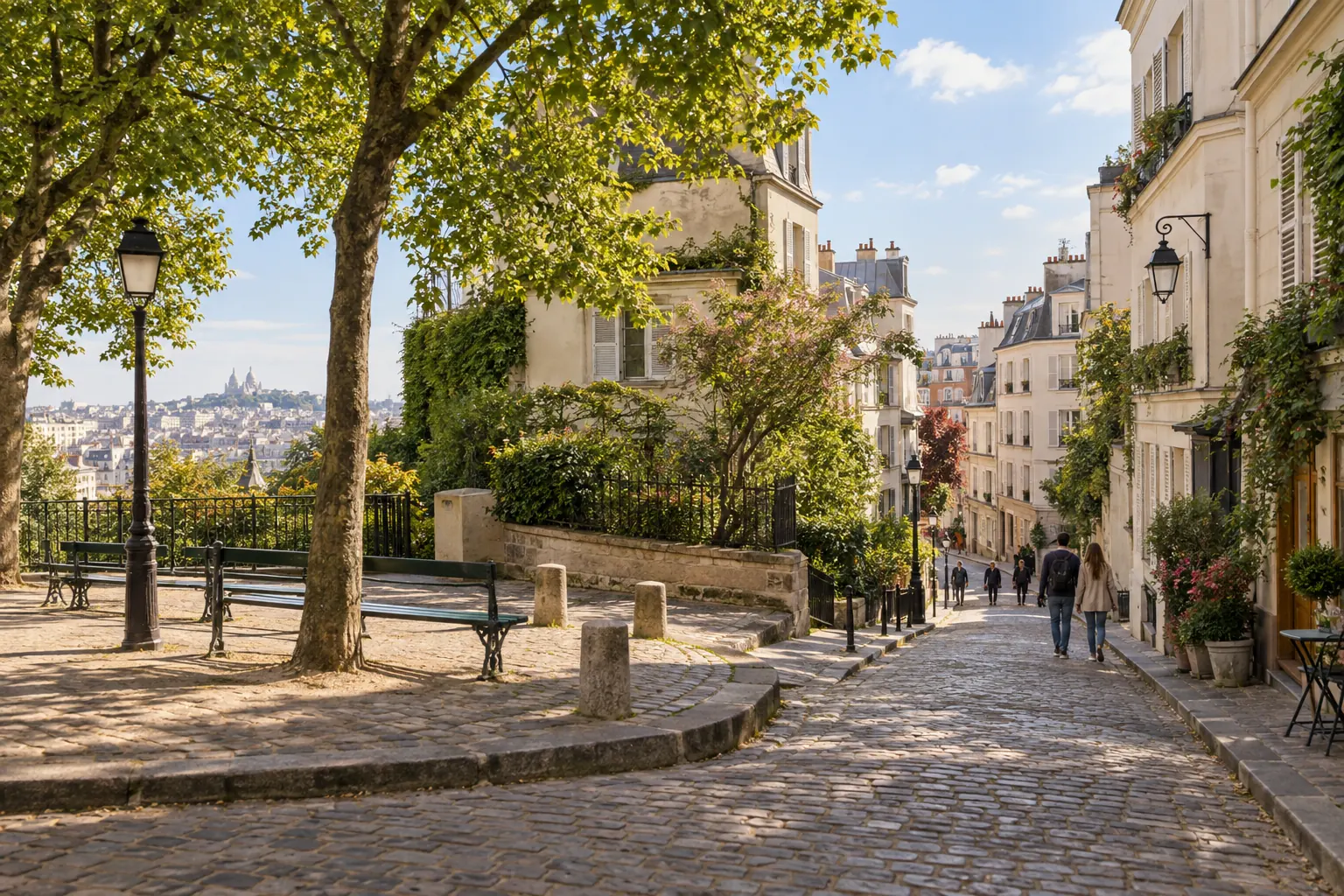 Illustration éditoriale d’une rue arborée et d’une petite place sur la Butte