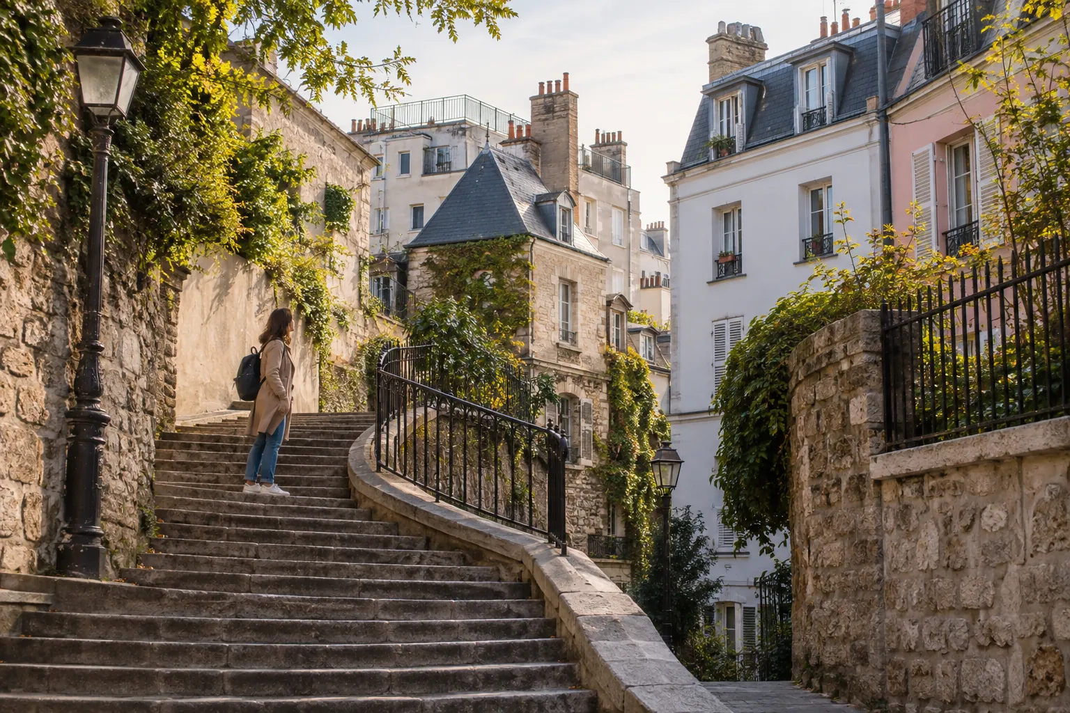 Promeneuse observant un escalier courbe et les façades de Montmartre