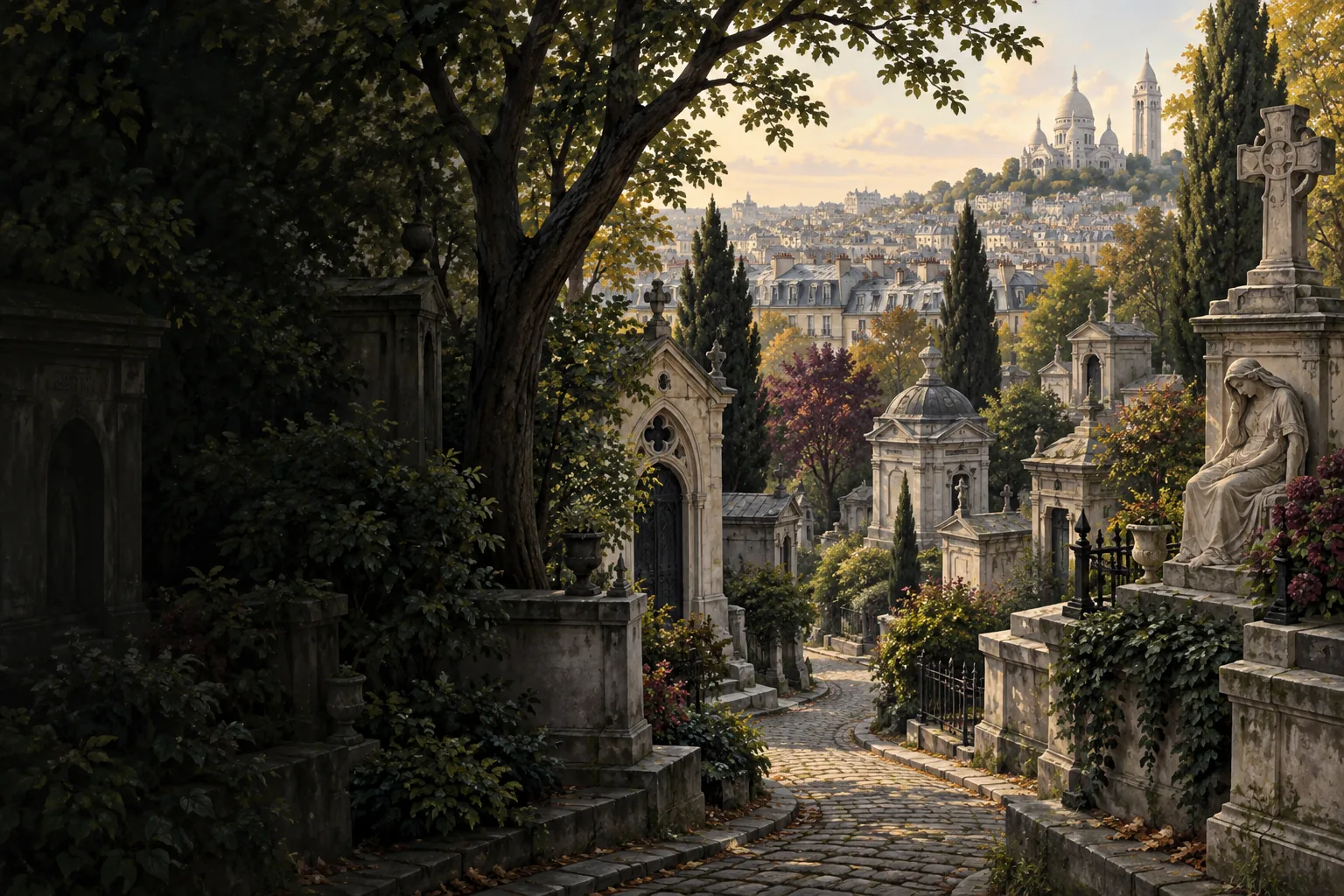 Illustration éditoriale d’un cimetière arboré sur une pente parisienne