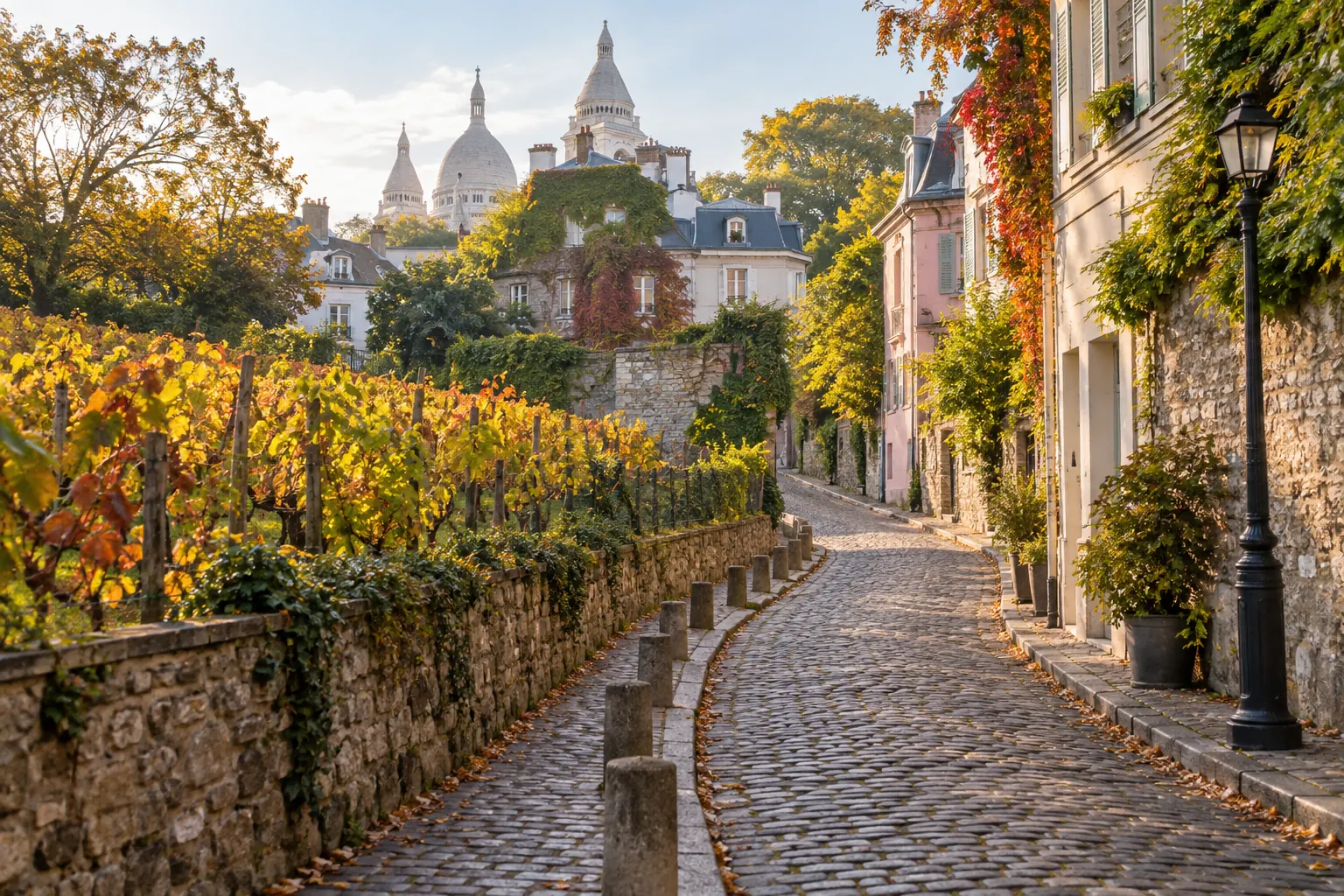 Editorial illustration of vines and a cobbled street on the hill in autumn