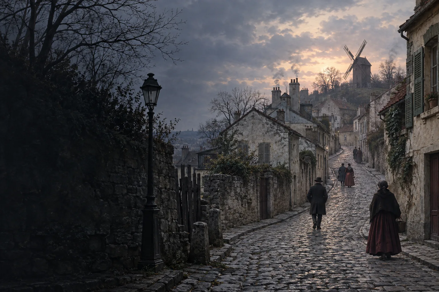 Illustration historique évocatrice d’une rue de la Butte au XIXe siècle