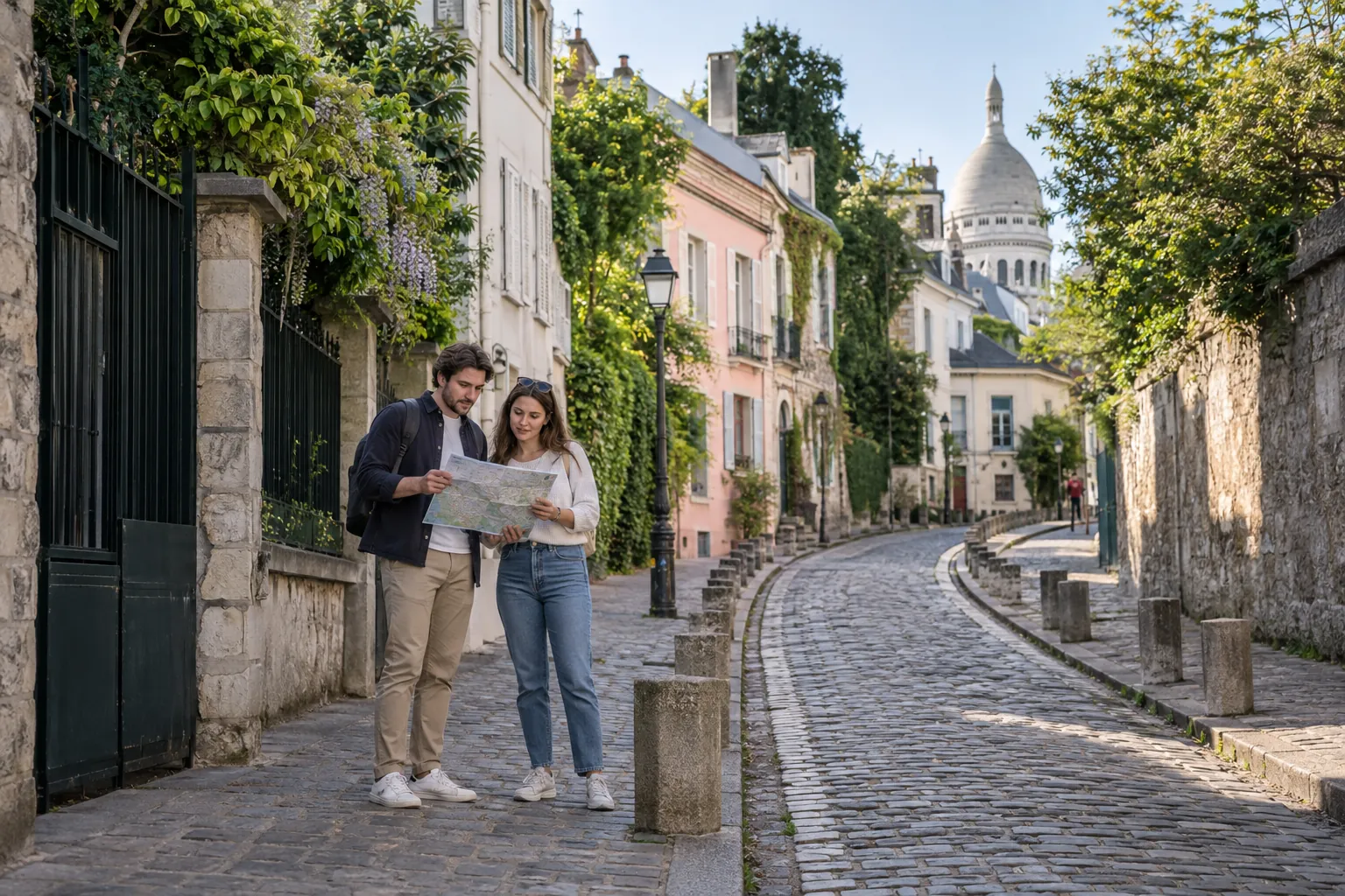 Two visitors planning their route on a quiet Montmartre street