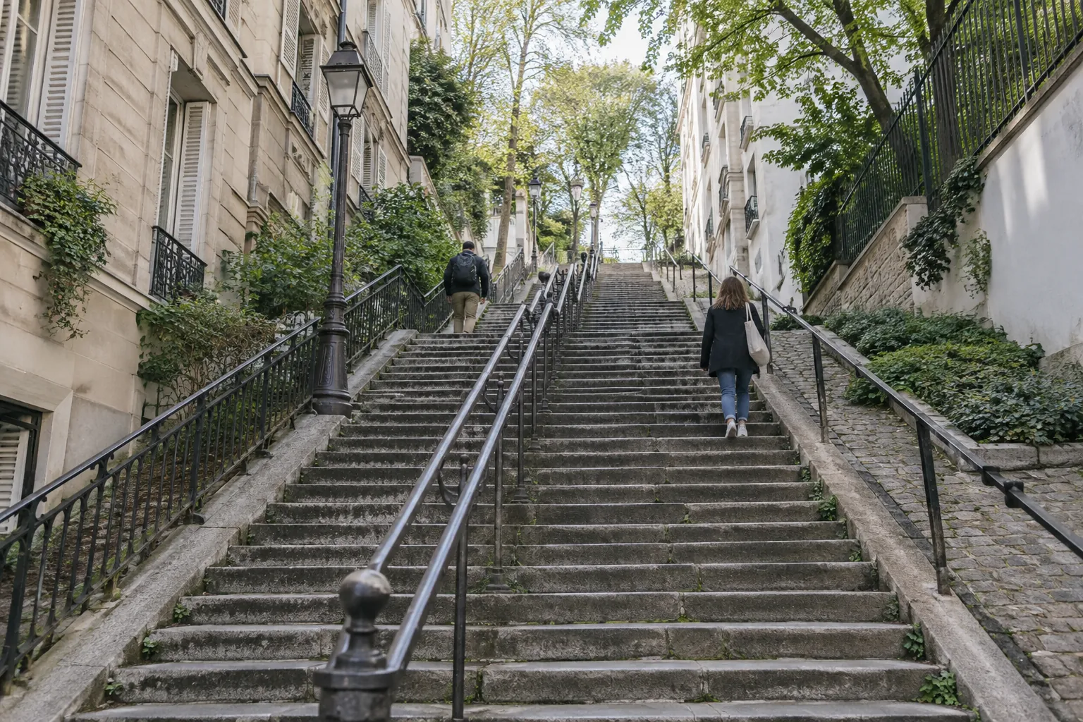 Grand escalier public de Montmartre avec ses rampes et ses passants