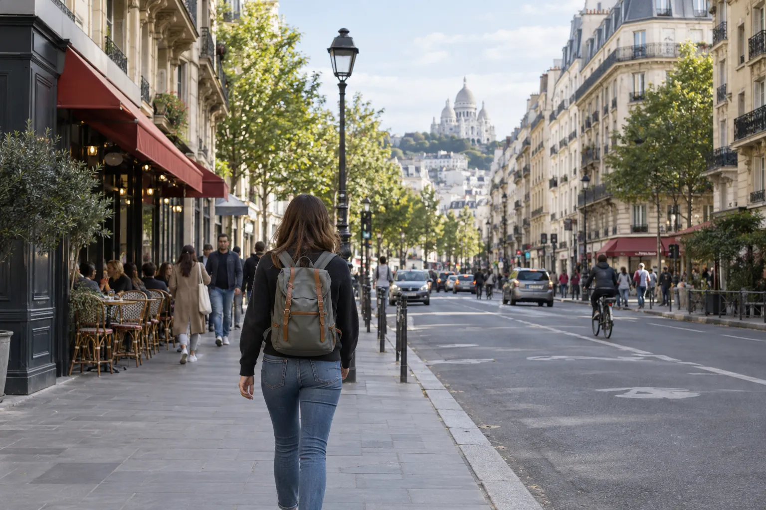Voyageuse marchant de la gare du Nord vers la butte Montmartre