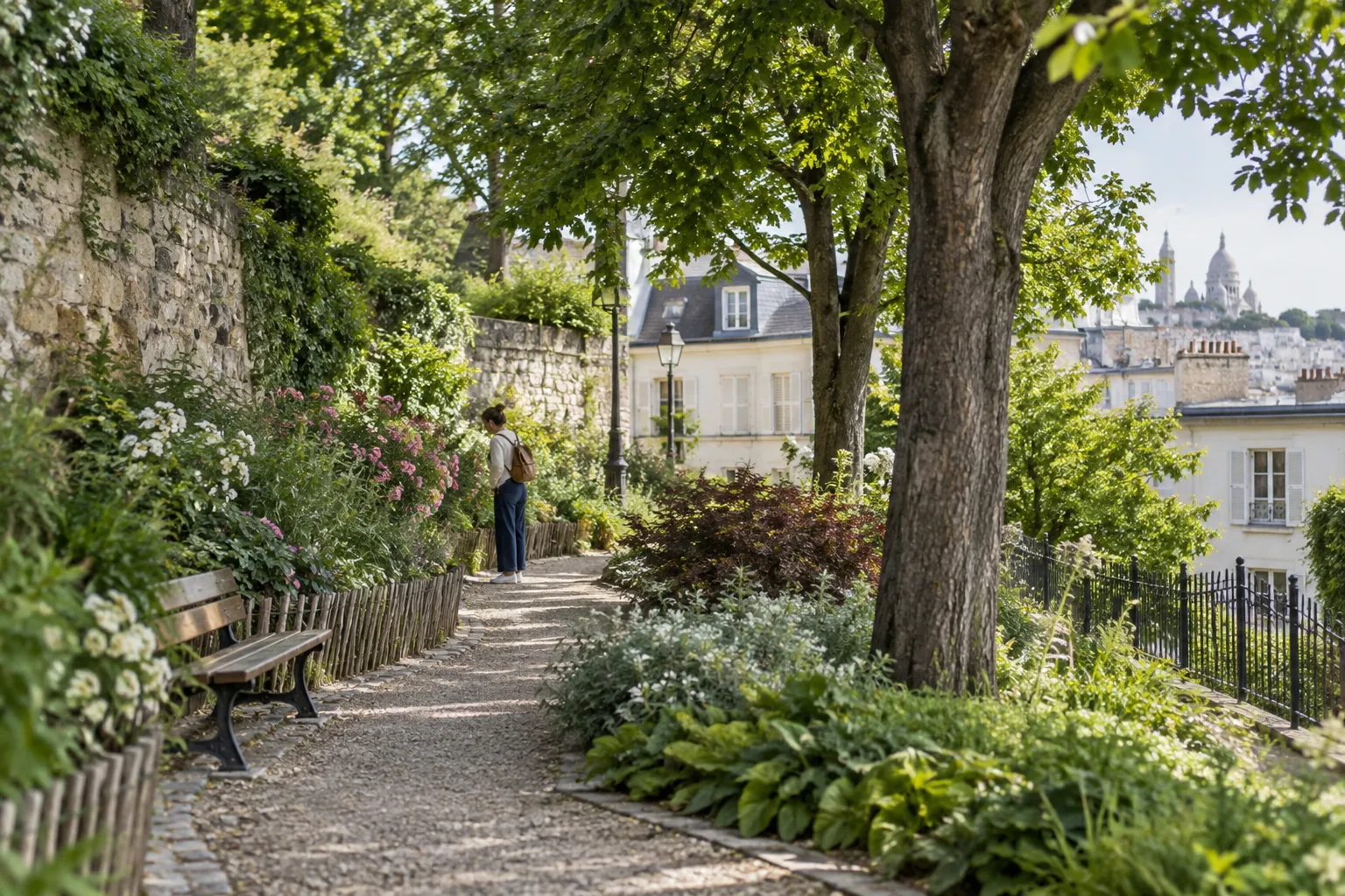 Visitor walking through a leafy public garden in Montmartre