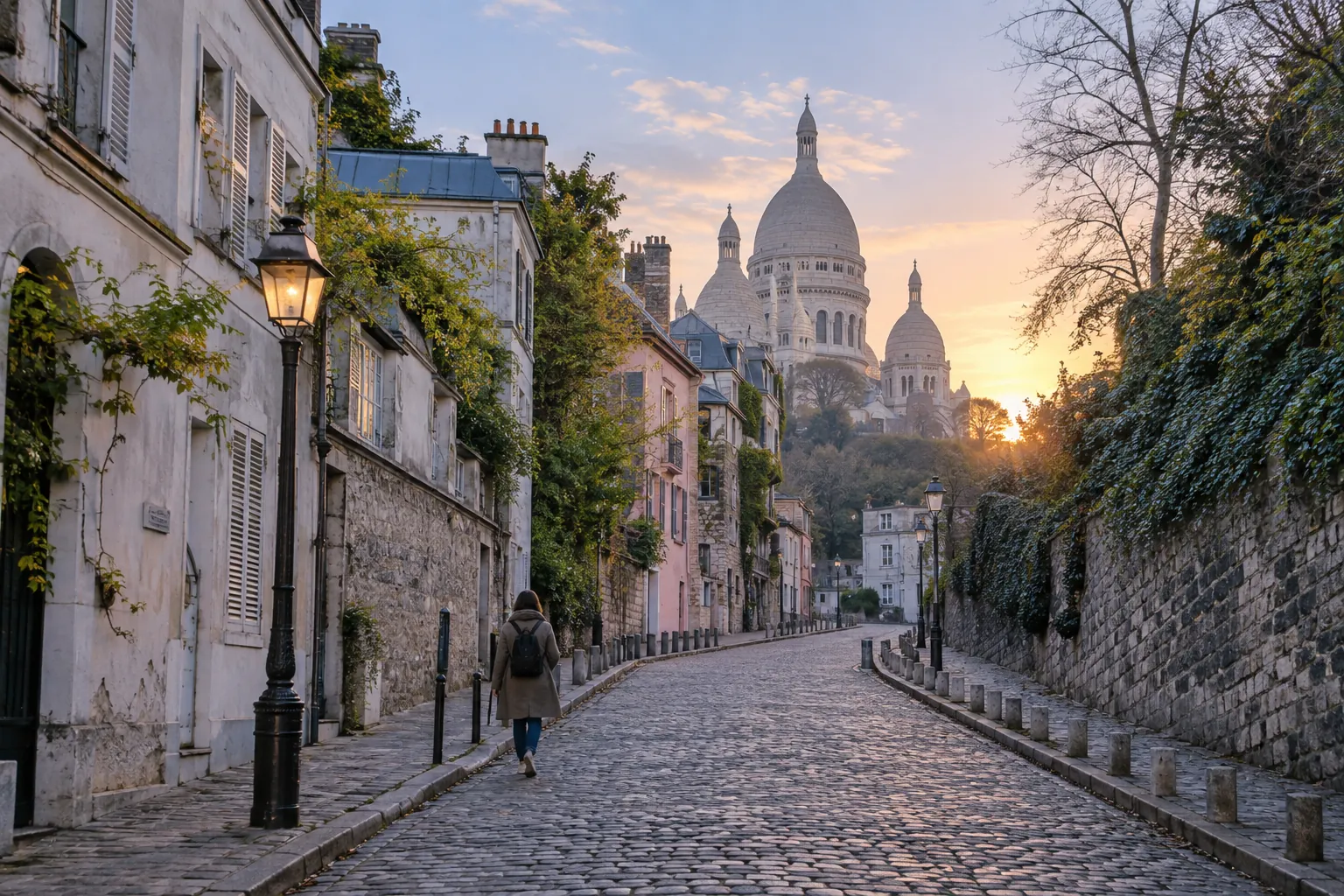 Walker on a cobbled Montmartre street at sunrise