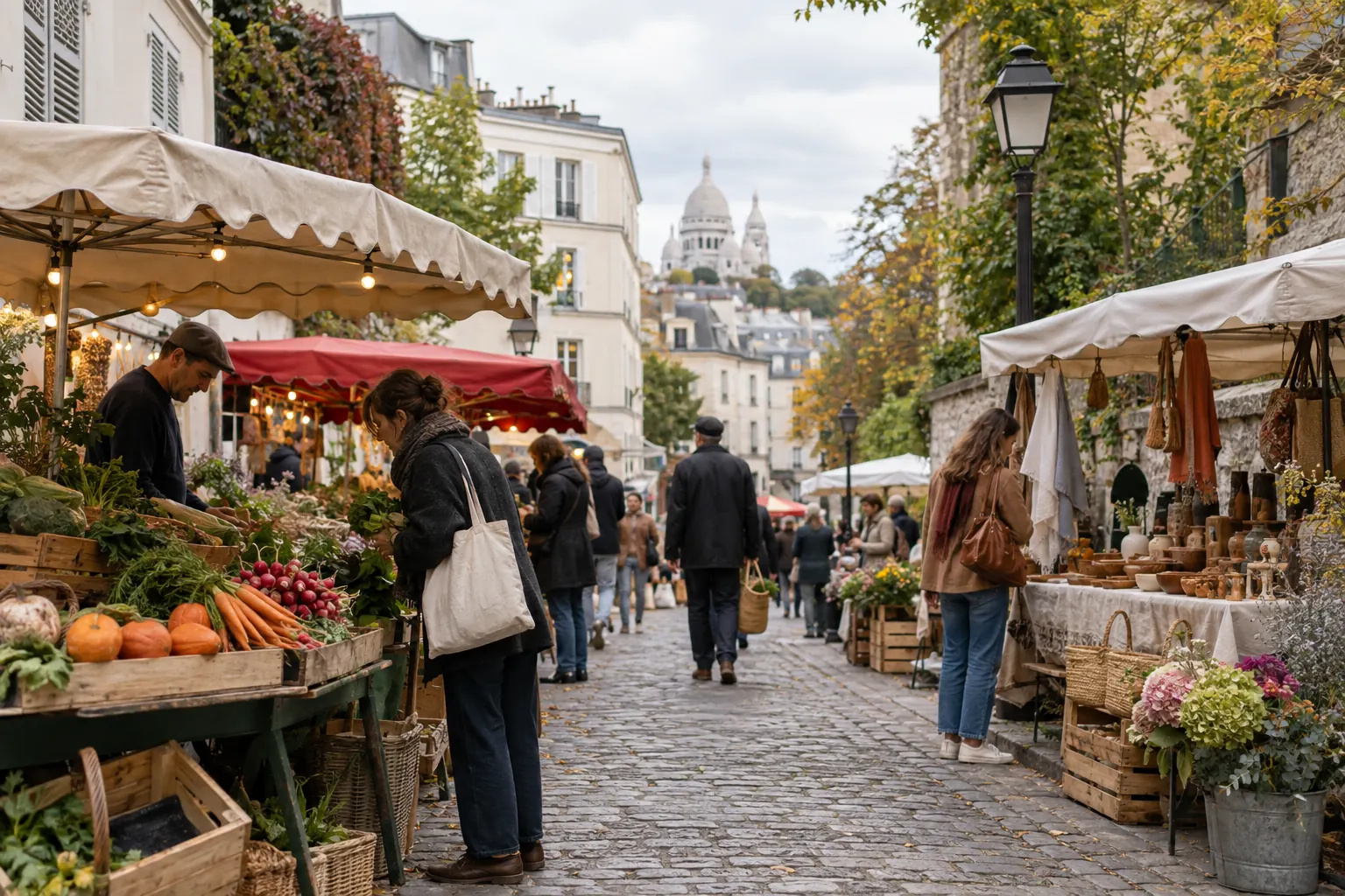 Illustration éditoriale d’un marché de quartier avec étals alimentaires et artisanaux