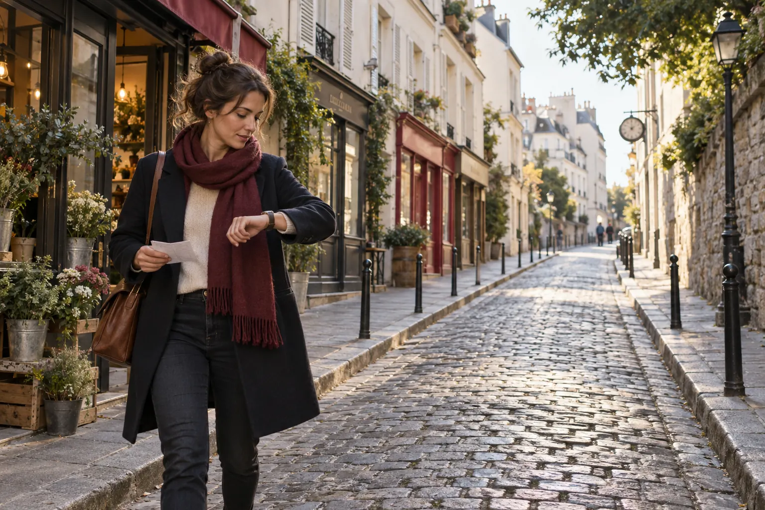 Visiteuse consultant sa montre dans une rue de Montmartre