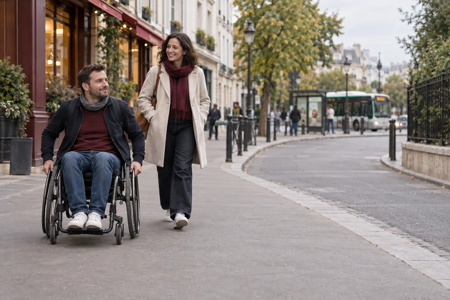 Personne en fauteuil roulant et accompagnante sur une rue accessible de Montmartre