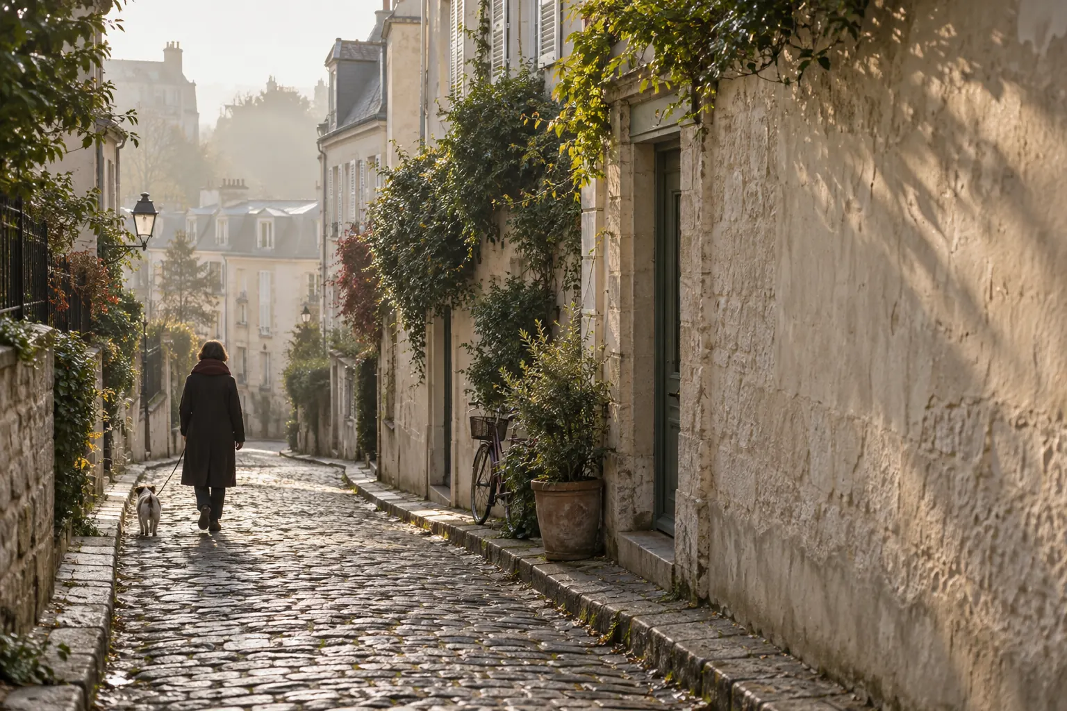 Resident walking a dog along a quiet Montmartre lane