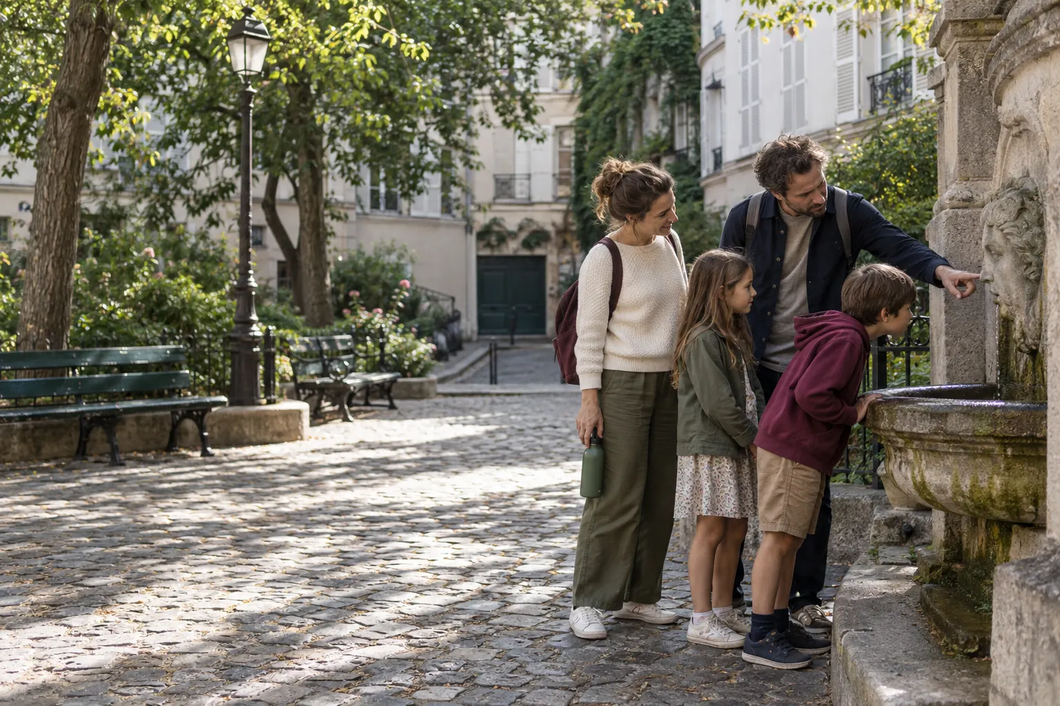 Family looking at a fountain in a Montmartre square