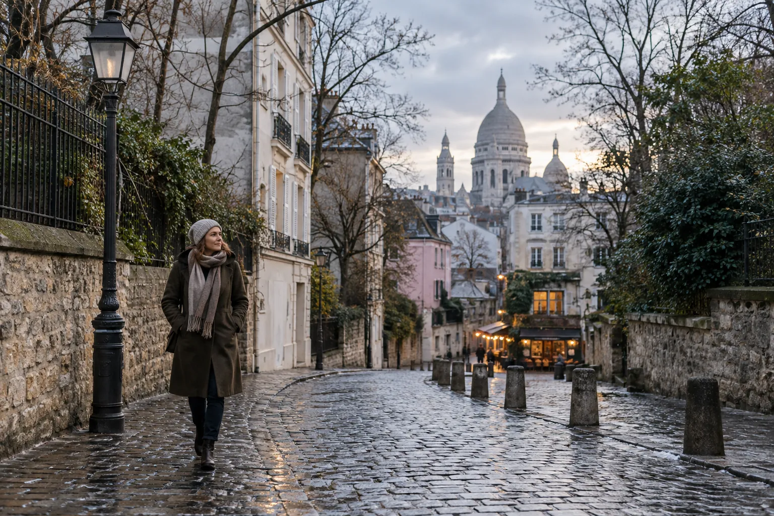 Promeneuse dans une rue pavée de Montmartre en hiver après la pluie