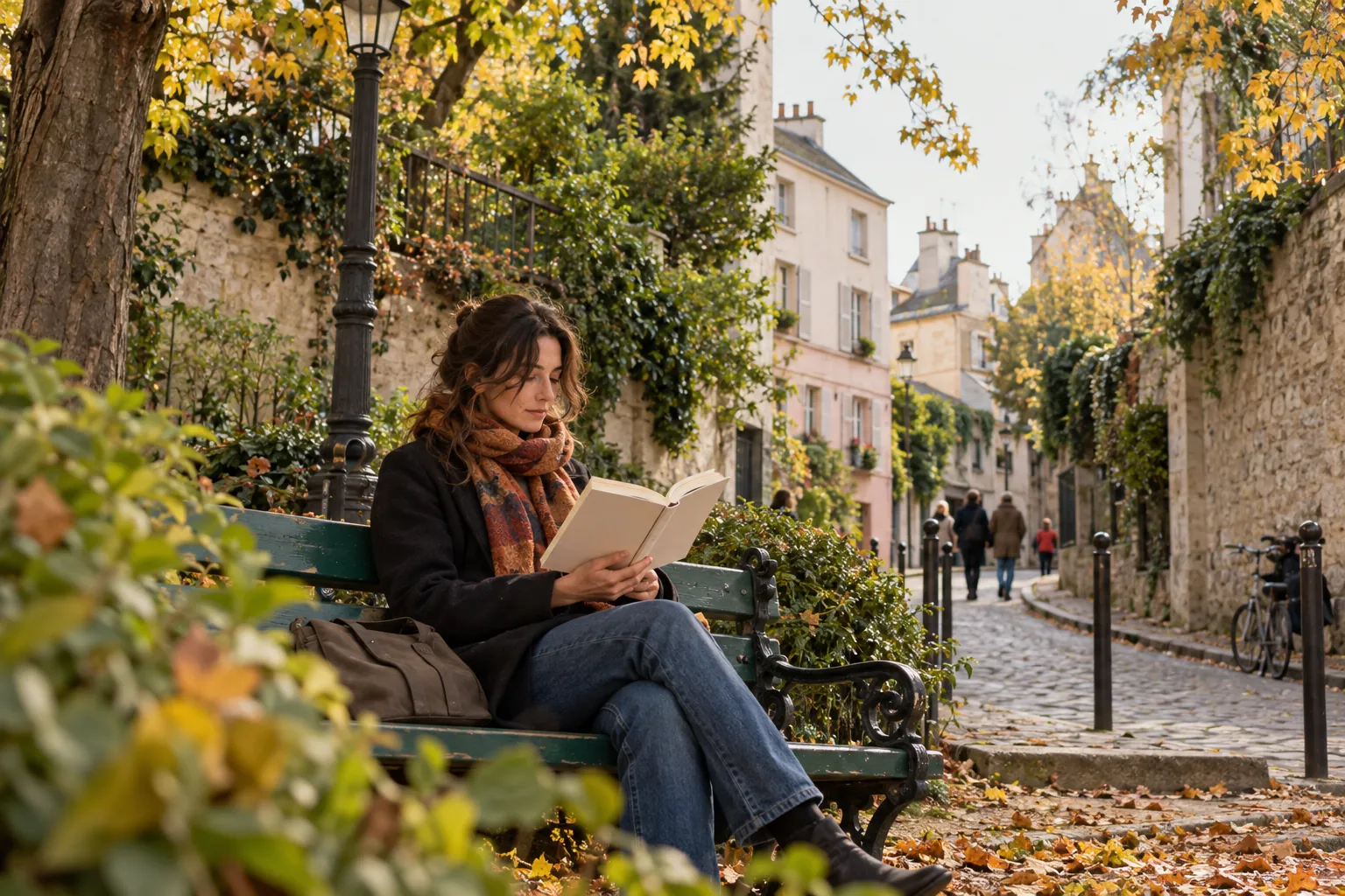 Lectrice dans un square de Montmartre pendant une promenade littéraire