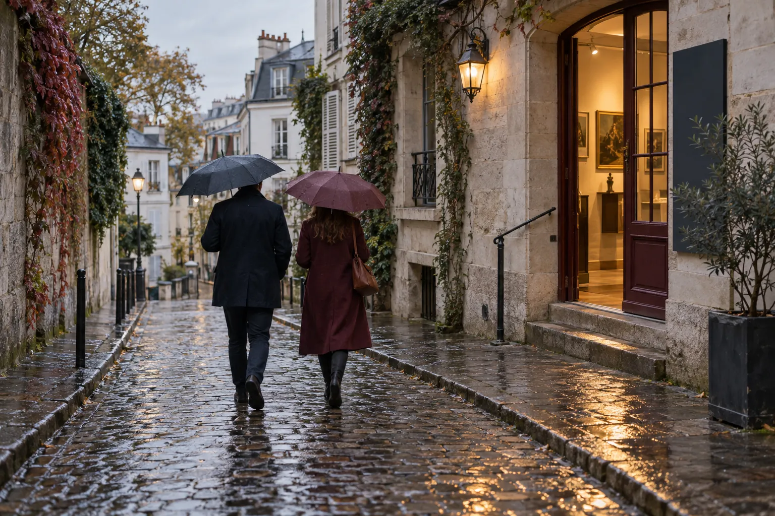 Two people walking under umbrellas on a cobbled Montmartre street