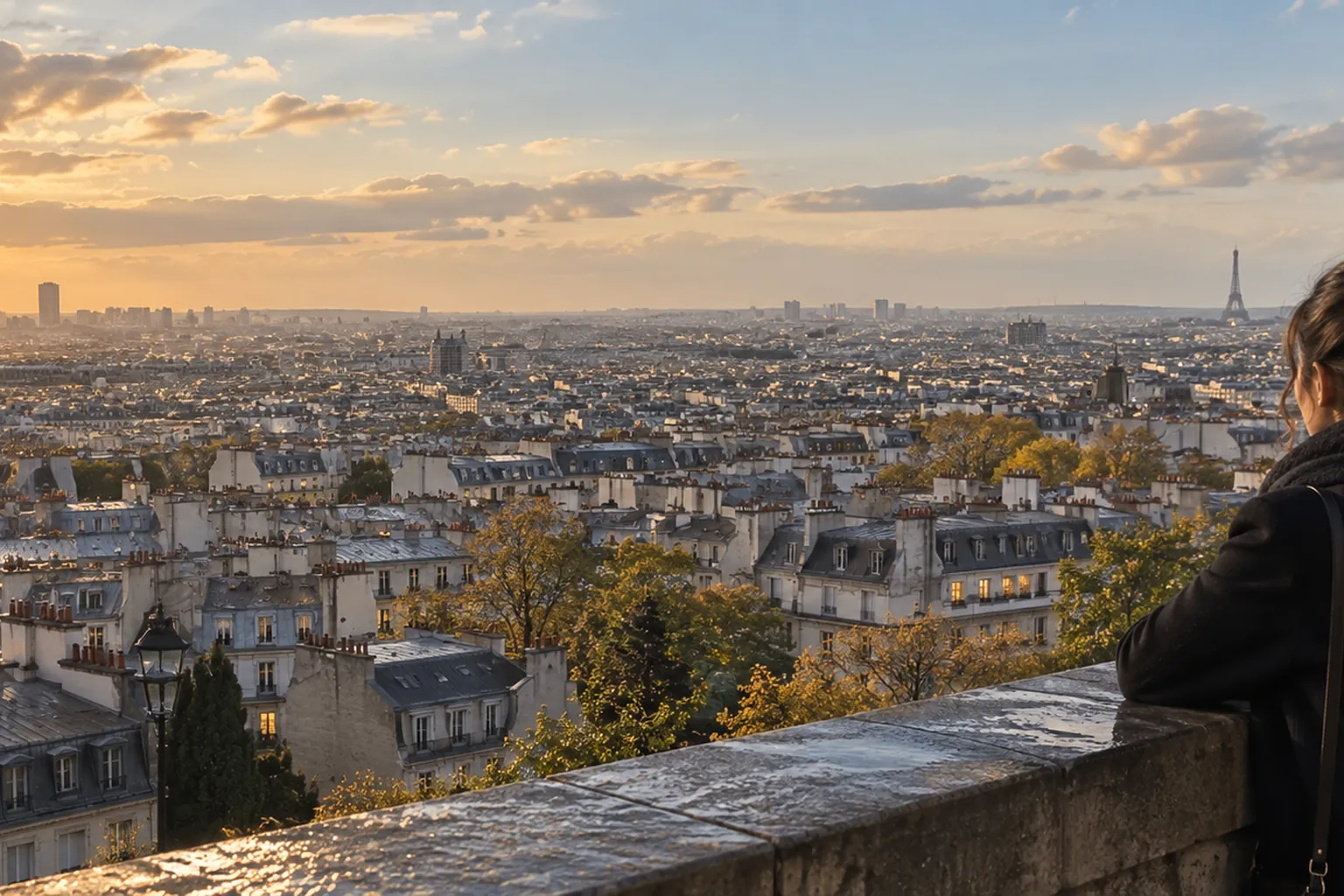 Visitor looking over Paris rooftops from a public Montmartre viewpoint