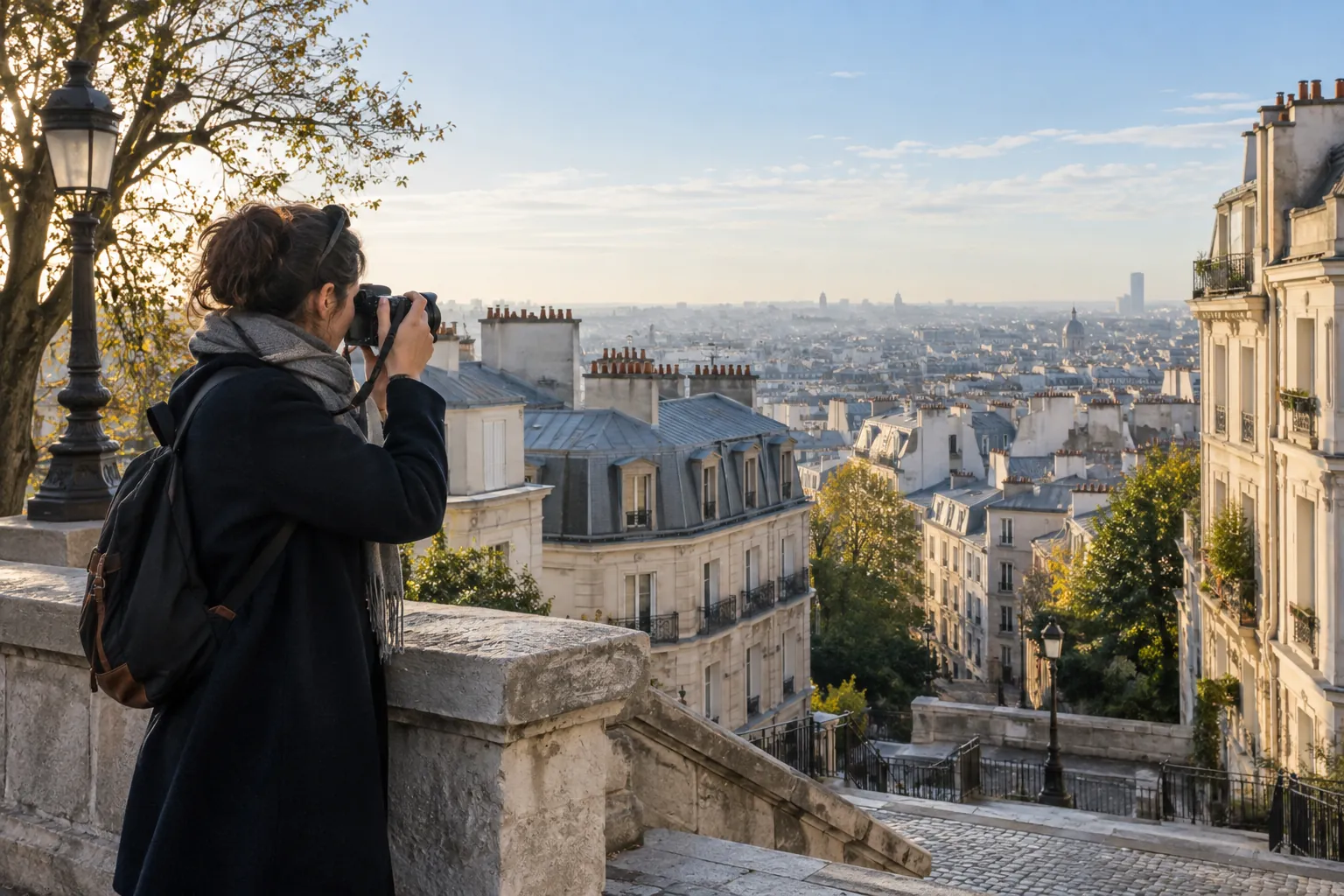 Photographe cadrant les toits de Paris depuis les hauteurs de Montmartre