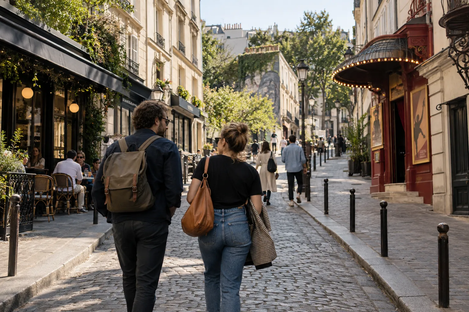 Deux visiteurs remontent une rue animée de Pigalle vers Montmartre