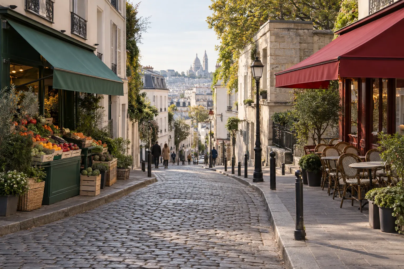 Editorial illustration of a sloping shopping street evoking rue Lepic