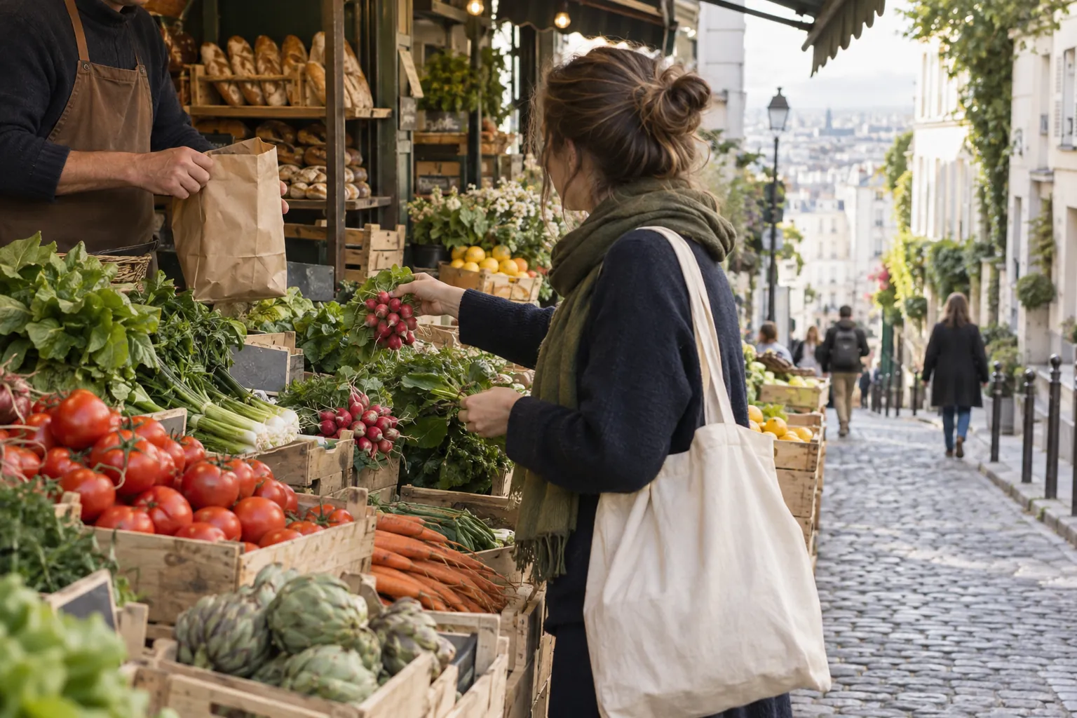 Cliente choisissant des produits frais sur un marché de quartier à Montmartre