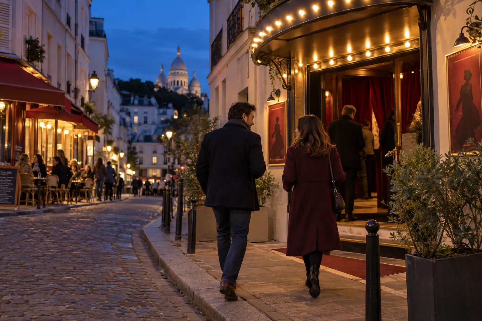 Deux personnes arrivant devant une petite salle de spectacle de Montmartre au crépuscule