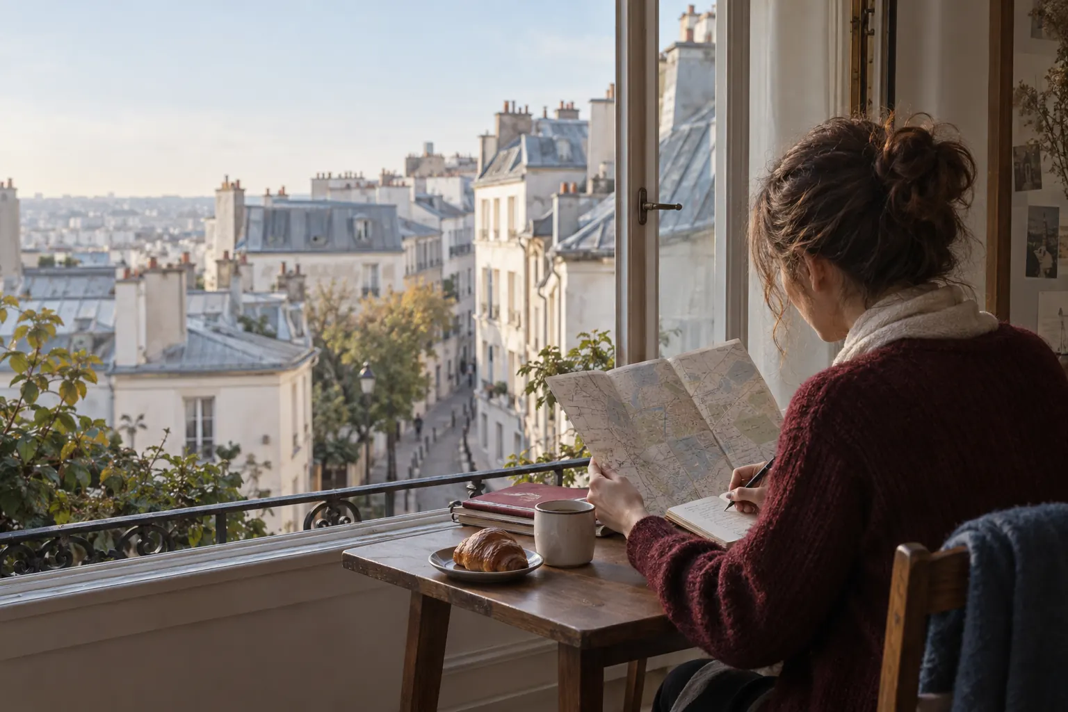 Visitor planning her route overlooking Montmartre rooftops