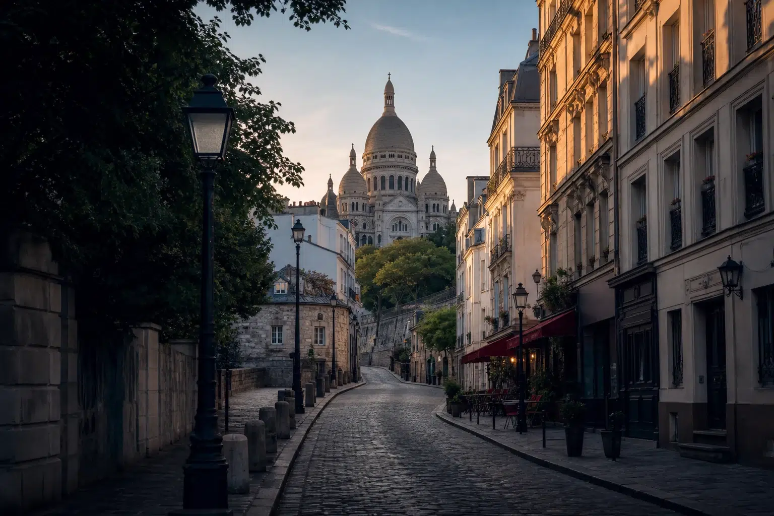 Vue de Montmartre et du Sacré-Cœur depuis une rue de la Butte