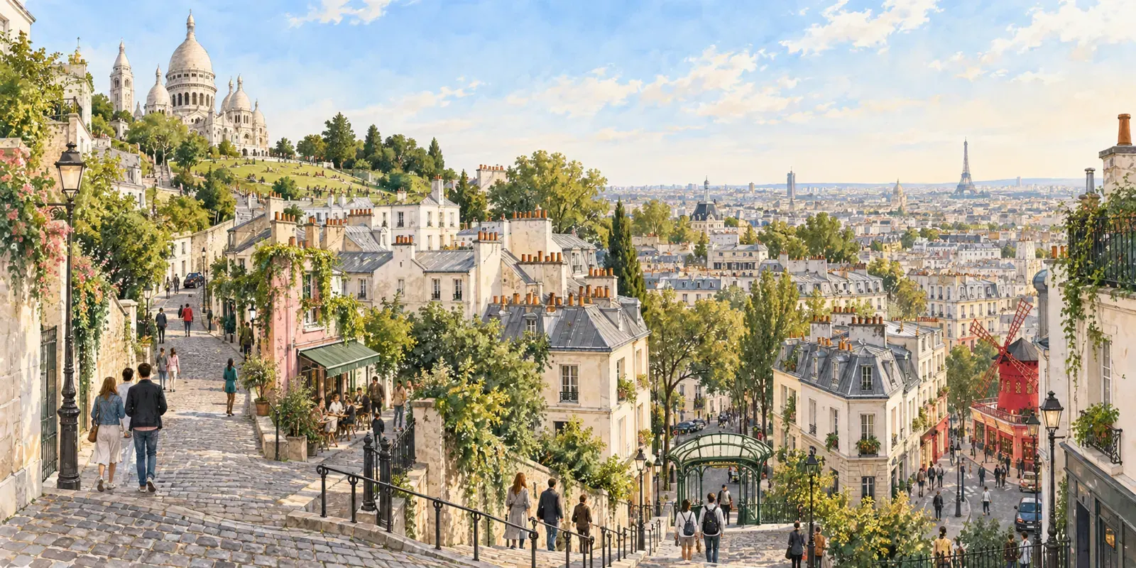 Illustration éditoriale des rues et toits de Montmartre autour du Sacré-Cœur
